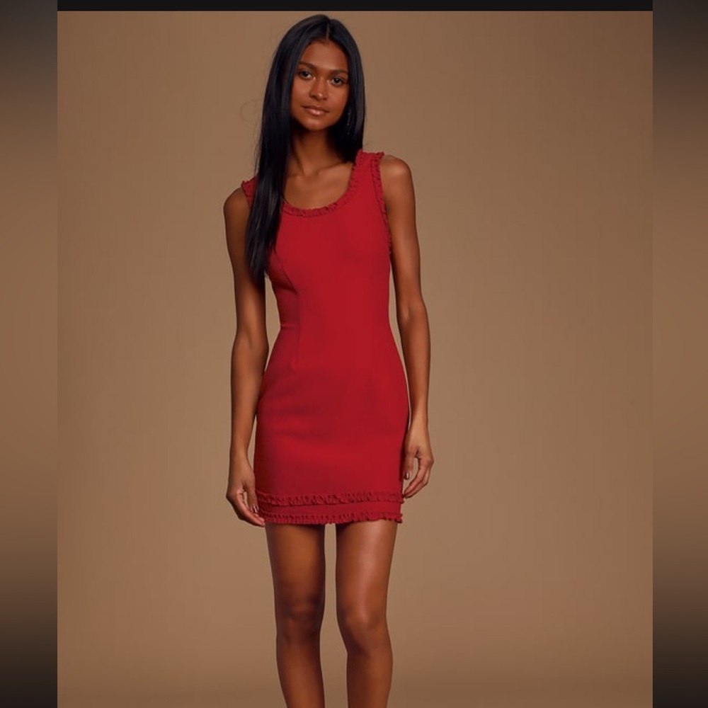NWT - Lulu’s Such a Catch Red Ribbed Ruffled Bodycon Dress